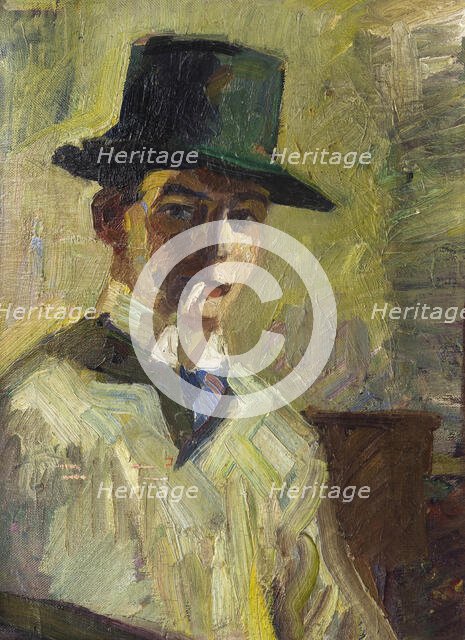 Self-portrait with a high hat and a cigarette, 1910. Creator: Stenner, Hermann (1891-1914).