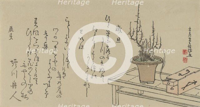 Bonsai Plum Tree on Bench and Box, 1796. Creator: Kubo Shunman.