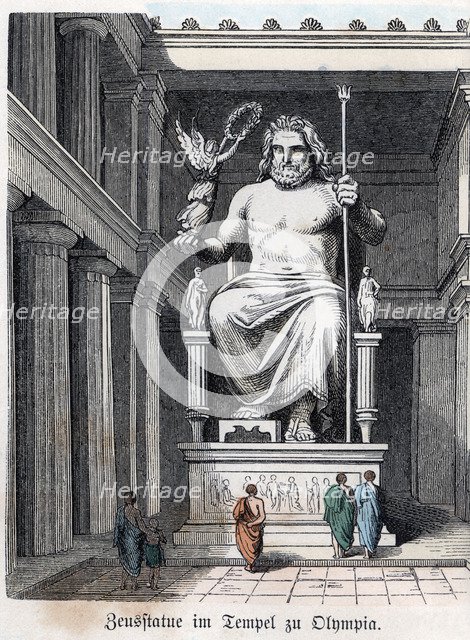Statue of Olympian Jupiter in a Greek temple. Coloured engraving, 1865.