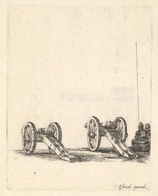 Two cannons, two soldiers seen from the back seated to the right, from 'Equipment n..., ca. 1638-43. Creator: Stefano della Bella.