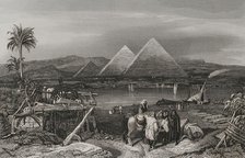 Pyramids from the banks of the Nile, Egypt, 1840.  Creator: Émile Rouargue.