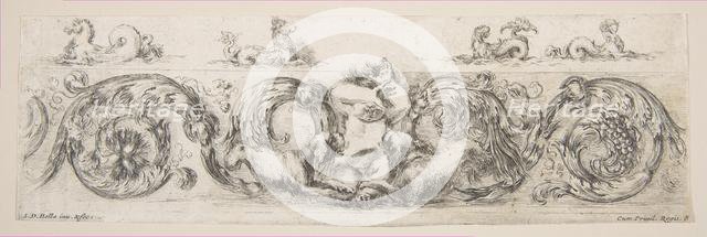 Rinceaux with Child Frightened by Dogs, Plate 8 from: 'Decorative friezes and foliage'..., ca. 1648. Creator: Stefano della Bella.