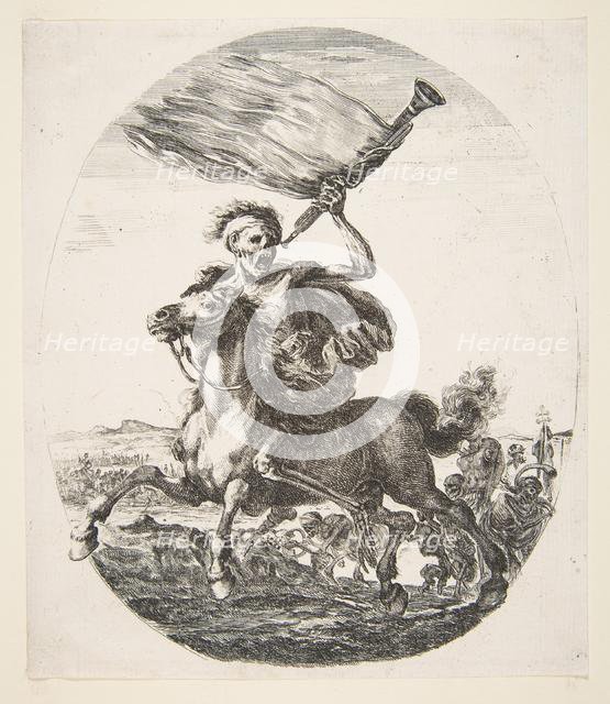 Death on horseback holding a trumpet, from 'The five deaths' (Les cinq Morts), ca. 1648. Creator: Stefano della Bella.