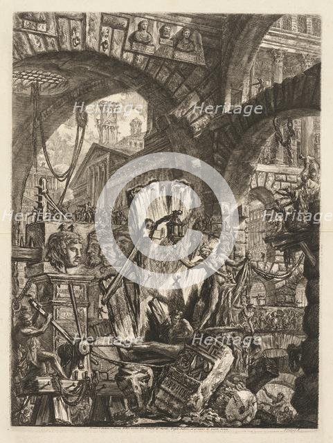 The Prisons: An Architectural Medly, with a Man on the Rock in the Foreground, 1745-50. Creator: Giovanni Battista Piranesi (Italian, 1720-1778).