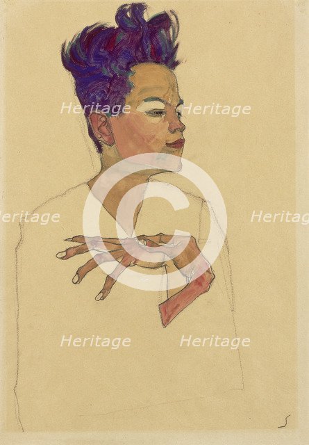 Self-Portrait with Hands on Chest, 1910. Artist: Schiele, Egon (1890–1918)