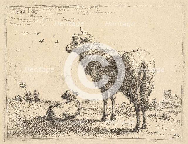 A mature sheep in three-quarters view standing and looking left, beside it a lamb lies..., ca. 1655. Creator: Karel Du Jardin.
