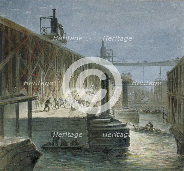 Demolition work being carried out on Blackfriars Bridge from the Surrey shore, London, 1865. Artist: George Maund