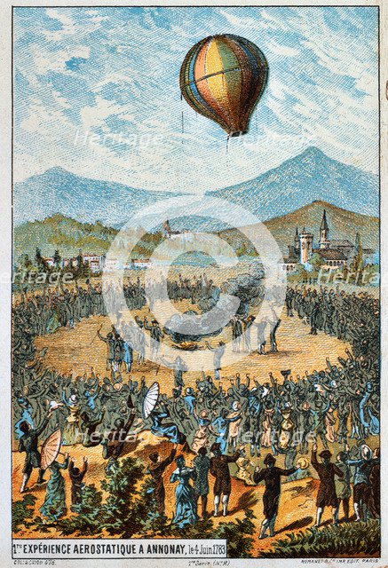 First test flight of a hot air balloon at Annonay, France, 4 June, 1783 (1890s). Artist: Anon