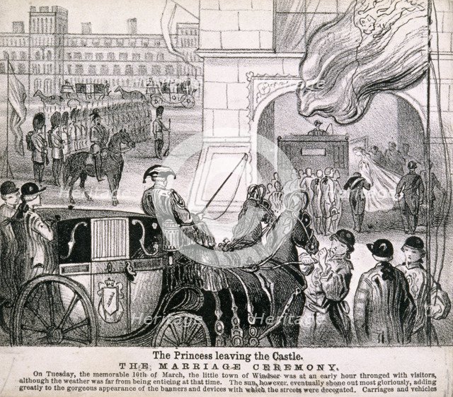 Princess Alexandra getting in her coach to leave Windsor Castle for her wedding, March 1863. Artist: Anon