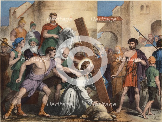 Via Crucis. Third station. Jesus falls the first time. Drawing by Pascual. Barsal Editions, Barce…