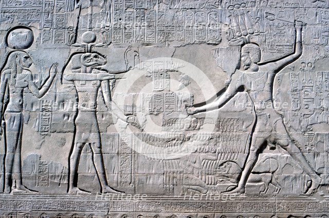 Relief of Pharaoh before Knum & Sekhmet, Temple of Khnum, Ptolemaic & Roman Periods. Artist: Unknown