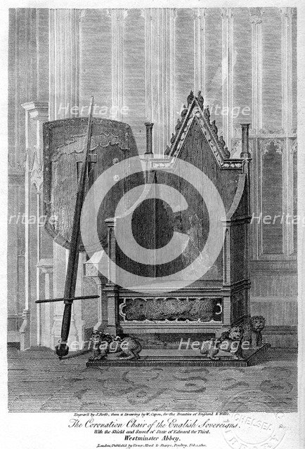 The coronation chair of the English sovereigns, Westminster Abbey, London, 1810.Artist: John Roffe