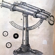 Schematic drawing of an old telescope in the cover of 'Principia Philosophiae' by René Descartes,…