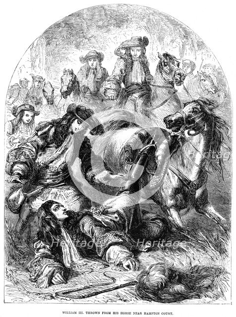 William III thrown from his horse near Hampton Court. Artist: C Sheeres