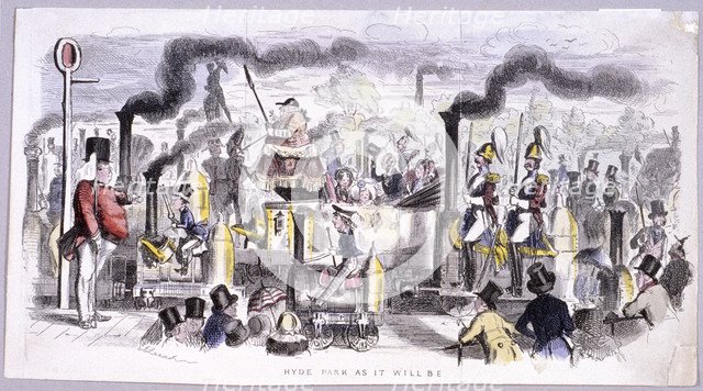 View of Hyde Park that satirises the advent of the steam locomotive, London, c1850. Artist: John Leech