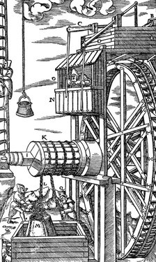 Reversible hoist for raising leather buckets from a mine shaft, 1556. Artist: Unknown
