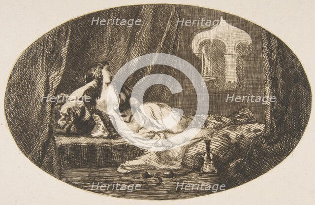 Odalisque reclining in a harem, from "Titres de Romance", 1857. Creator: Felix Bracquemond.