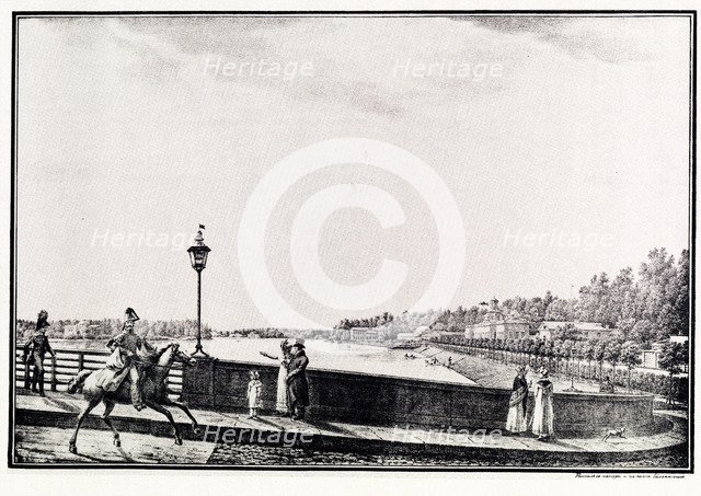 View of the Malaya Nevka River from the Kamennoostrovsky Bridge, 1821-1822. Artist: Galaktionov, Stepan Philippovich (1779-1854)