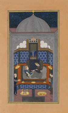 Bahram Gur and the Indian Princess in the Dark Palace on Saturday, Folio 23v..., ca. 1430. Creator: Maulana Azhar.