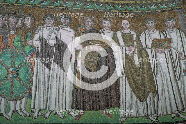 Mosaic of the Byzantine Emperor Justinian I and his court, 6th century. Artist: Unknown