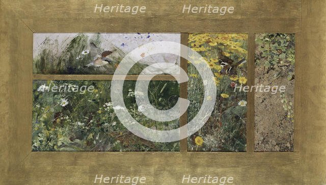 Four Bird Studies, Red-Backed Shrike, Corncrake, Chaffinches, Willow Warbler, c1890s. Creator: Bruno Liljefors.