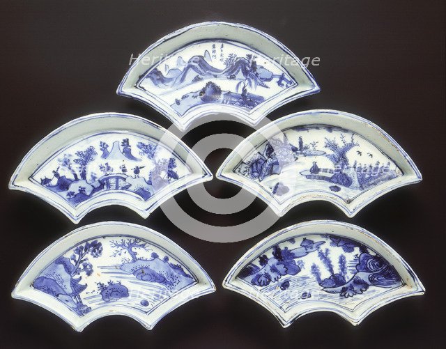 Five ko-sometsuke fan-shaped landscape dishes, China, 1600-1644. Artist: Unknown