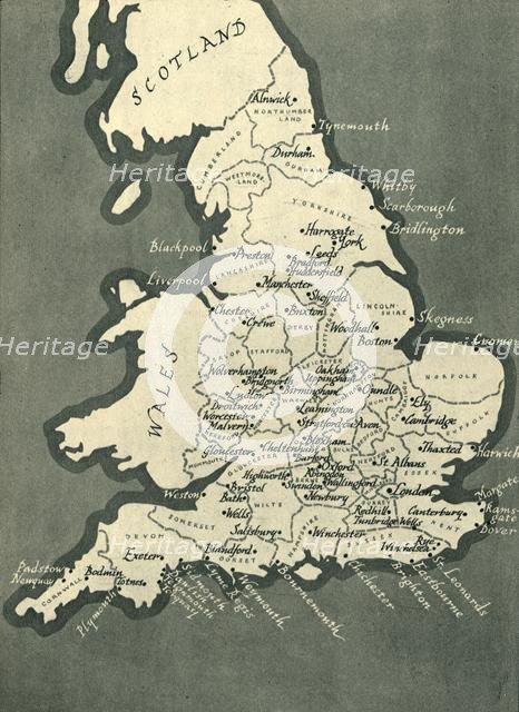 Map of England, with principal towns and cities, 1943. Creator: F Nichols.