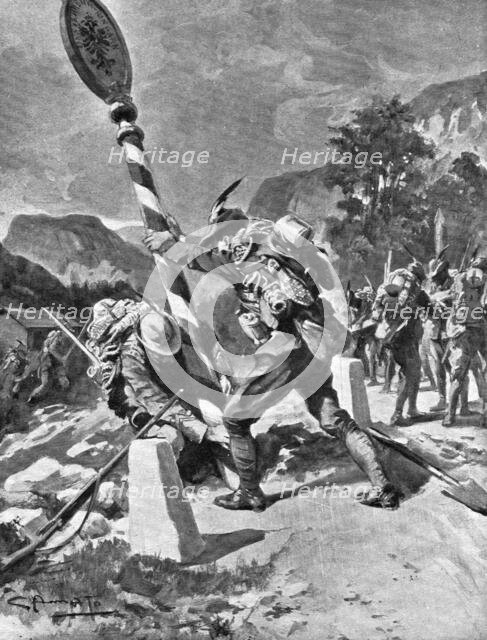 'les premieres operations Italiennes; les "Alpini" renversent le poteau frontiere', 1915. Creator: G d'Amalo.