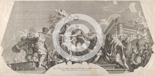 An allegorical composition with Charity and prisoners in chains; a plate from Rossi's seri..., 1677. Creator: Jacques Blondeau.