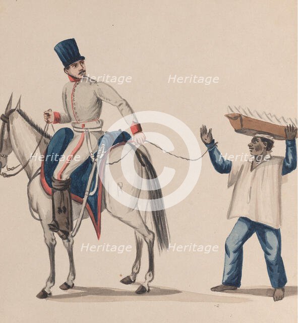 A soldier on horseback holding a rope that secures an indigenous slave balancing a plate..., ca. 184 Creator: Attributed to Francisco (Pancho) Fierro.