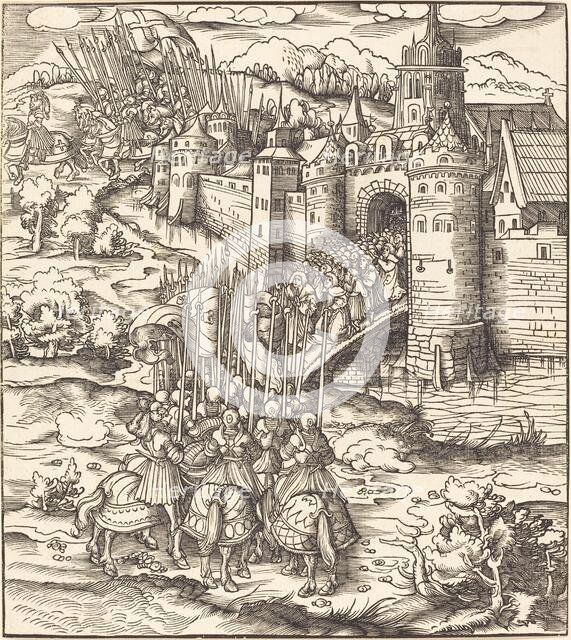 Various Men Kneeling on a Bridge in front of a Town, 1514/1516. Creator: Leonhard Beck.