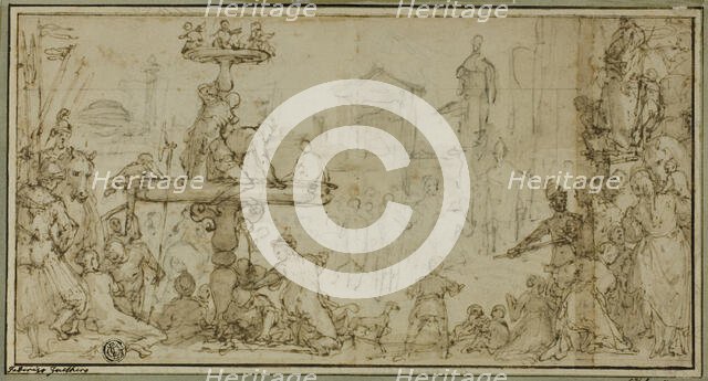 A Pope Receiving a Dignitary in a Public Place (recto) Caricatures of Heads (verso), c.1582. Creator: Federico Zuccaro.