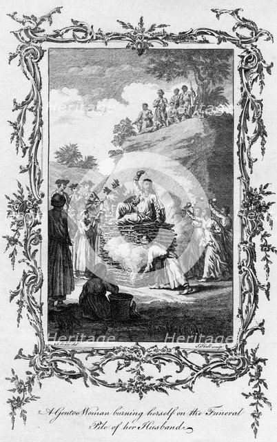 'A Gentoo Woman burning herself on the Funeral Pile of her Husband, 18th century.Artist: Samuel Wale