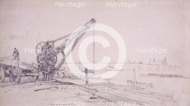 Crane at Westminster Bridge, London, c1830. Artist: Edward William Cooke