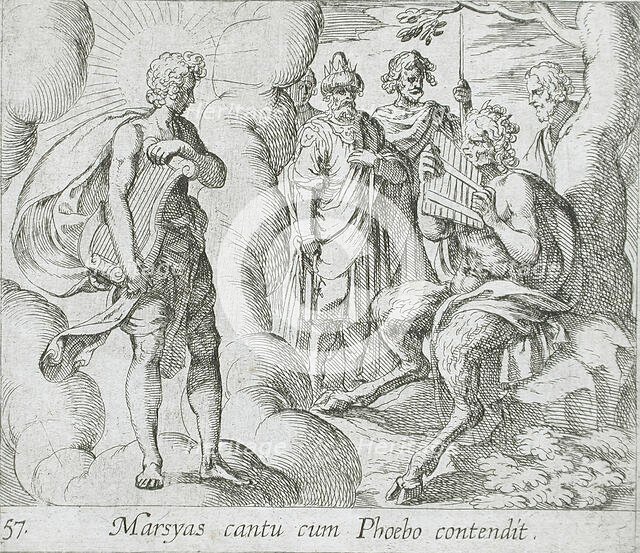 Marsyas Playing the Pipes Before Apollo, published 1606. Creators: Antonio Tempesta, Wilhelm Janson.