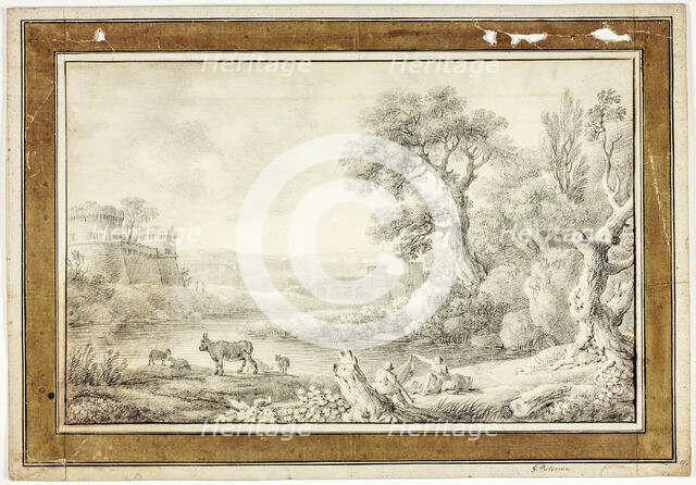 Couple, Bull and Sheep by River with Castles in Background, n.d.