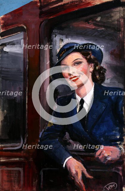 WRNS waiting at railway carriage window, between 1939 and 1946. Creators: Central Office of Information, GH Davis.