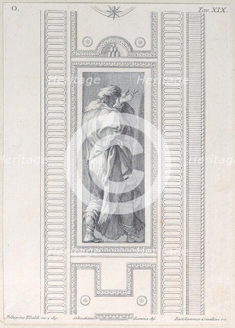 Plate 19: figure seen from behind with left hand raised, 1756. Creators: Bartolomeo Crivellari, Sebastiano Gamma.