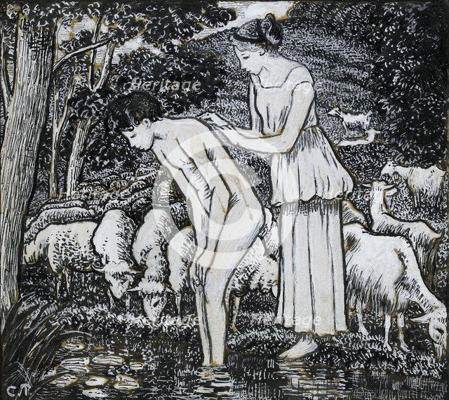 Chloë washing Daphnis at a stream, compositional study for an illustration, c1895. Artist: Camille Pissarro.