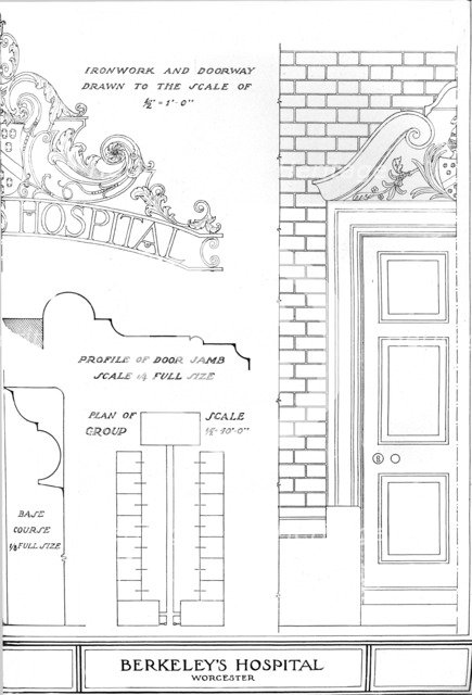 Ironwork and doorway, Berkeley's Hospital, Worcester, Worcestershire, 1924.  Artist: Unknown.