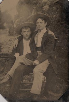 Two Young Men in Straw Hats, One Seated in the Other's Lap, 1870s-80s. Creator: Unknown.