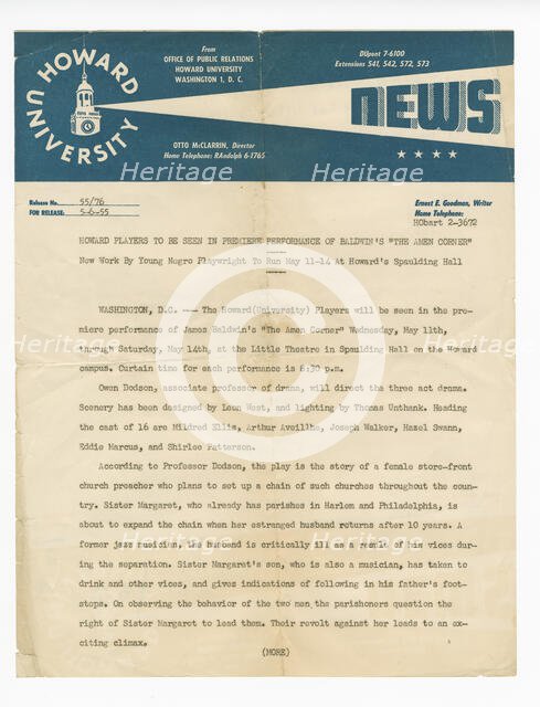 Press release from Howard University for the premiere of "The Amen Corner", May 6, 1955. Creator: Unknown.