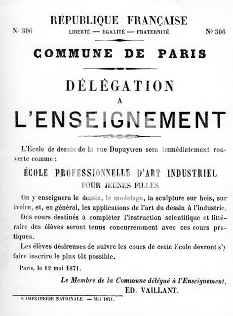 Delegation a L'Enseignement, from French Political posters of the Paris Commune,  May 1871. Artist: Unknown