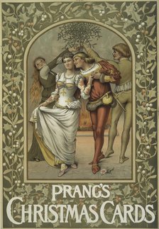 A poster with the words 'Prang's Christmas Cards,' depicting four performers, holly..., c1865 - 1899 Creator: Louis Prang.