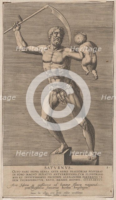 Plate 1: Saturn; statue of the nude god standing on a socle, holding a scythe in his right..., 1586. Creator: Philip Galle.