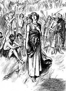 Boudicca (Boadicea) lst century British queen of the Iceni, rallying her troops, c1900. Artist: Unknown