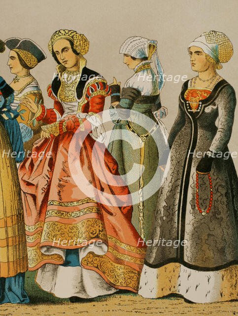 Women's dresses from different social classes, German, 1500-1550, (1881).  Creator: Unknown.