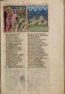 God with Adam and Eve: The First Rain in Paradise; Weltchronik, about 1400-1410. Creator: Unknown.