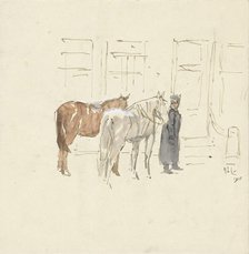 Man with two horses in front of a building, 1915. Creator: Adolf le Comte.