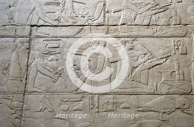 Feeding a cow and scribe relief, Mastaba of Kagemni, Saqqara, Egypt, 2350 BC (2003). Creator: Unknown.